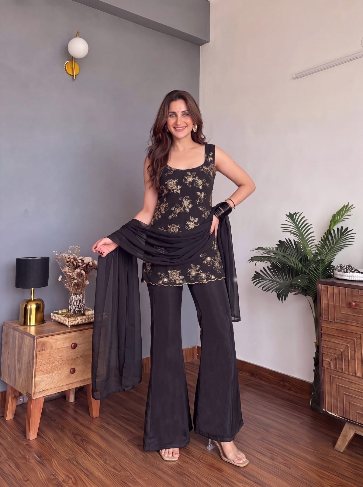 Black Faux Georgette Embroidered Kurti Flared Pant Set