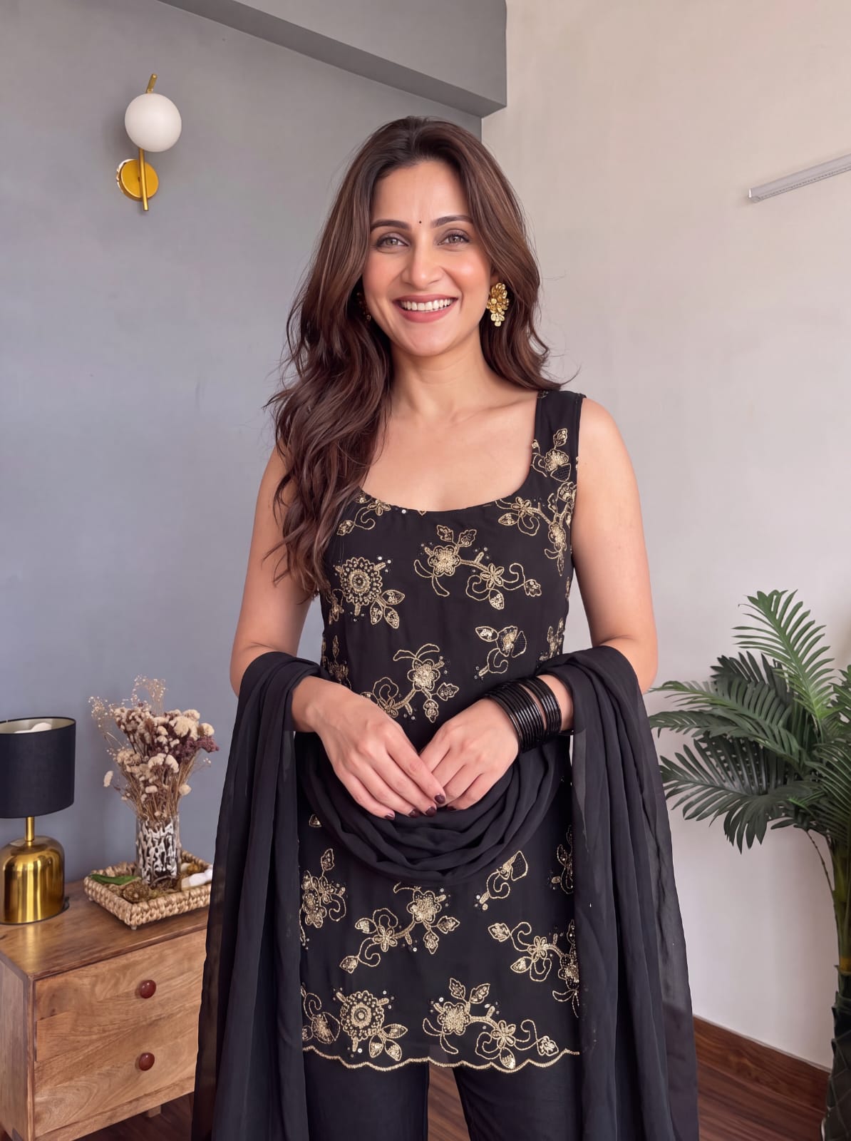 Black Faux Georgette Embroidered Kurti Flared Pant Set