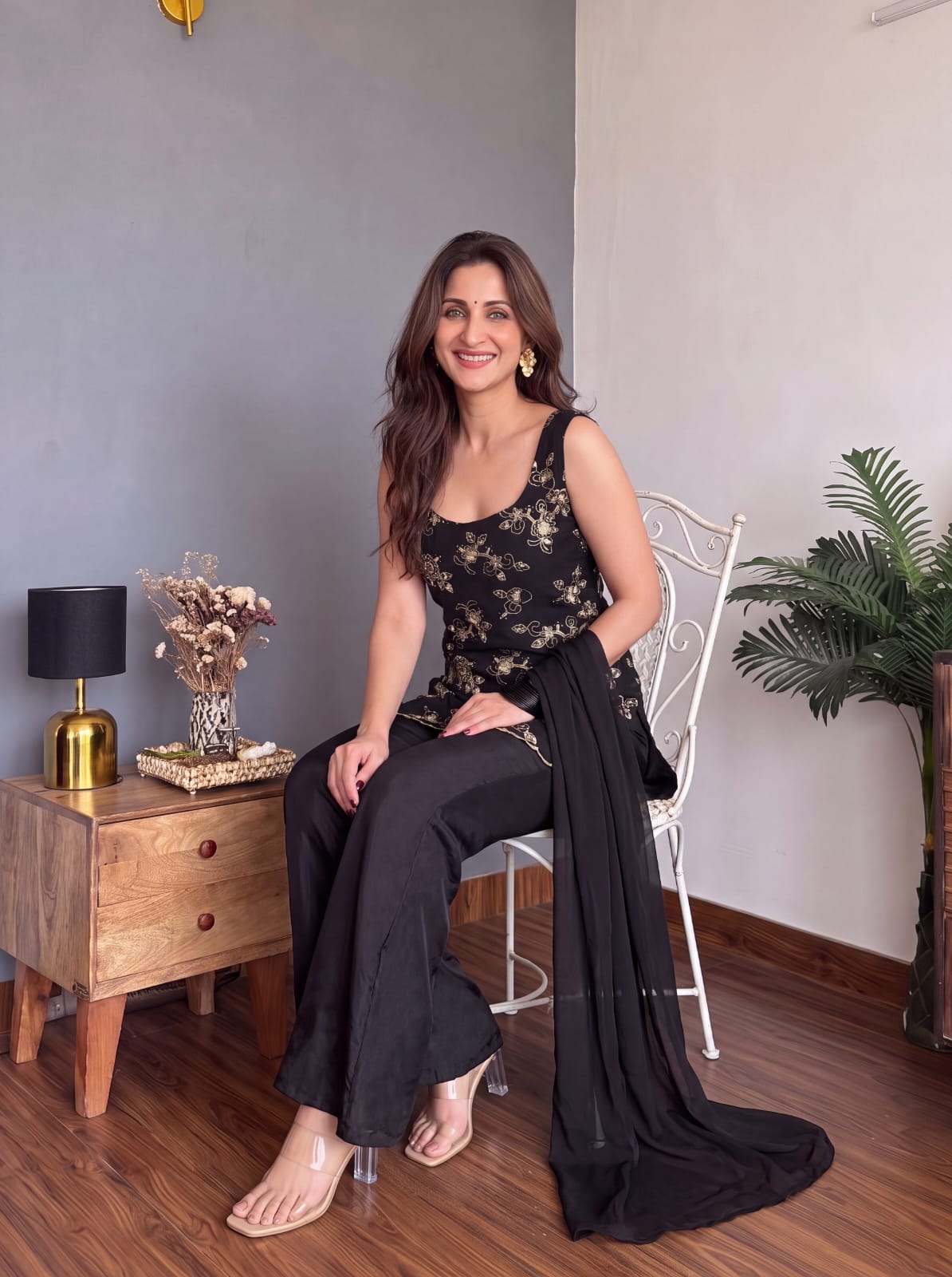Black Faux Georgette Embroidered Kurti Flared Pant Set