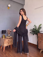 Black Faux Georgette Embroidered Kurti Flared Pant Set