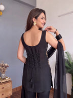 Black Faux Georgette Embroidered Kurti Flared Pant Set