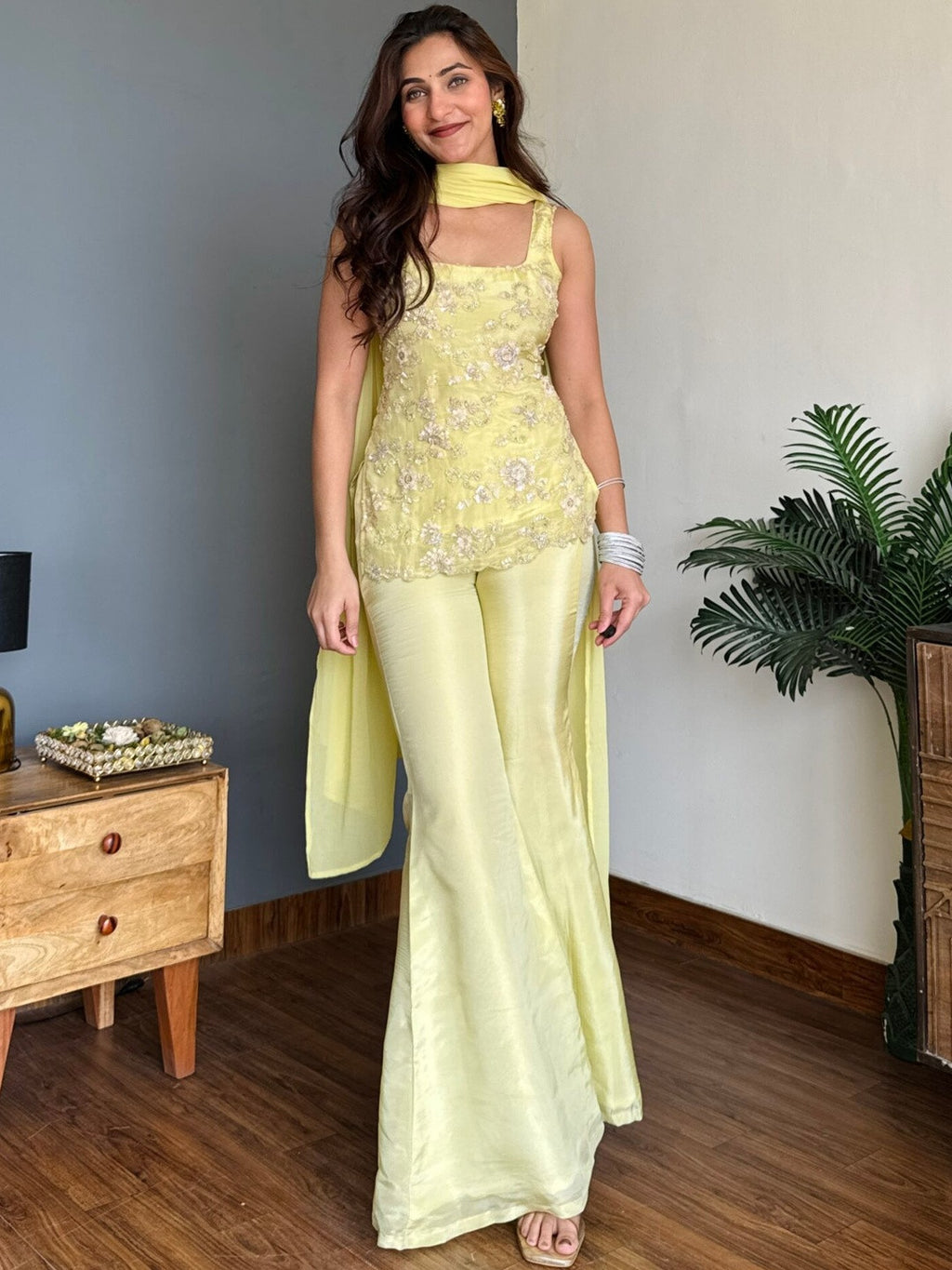 Lemon Yellow Faux Georgette Embroidered Kurti Flared Pant Set