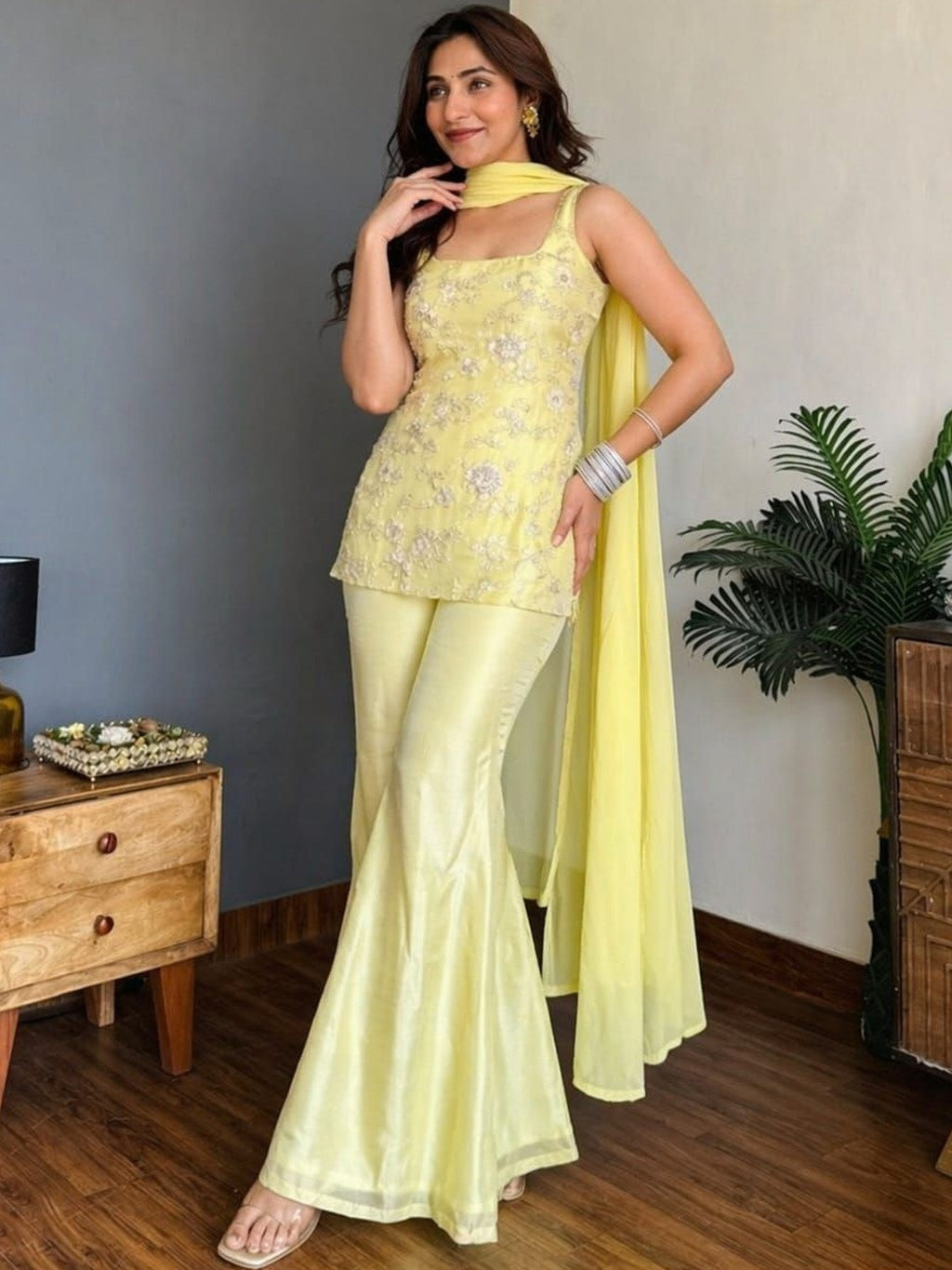 Lemon Yellow Faux Georgette Embroidered Kurti Flared Pant Set