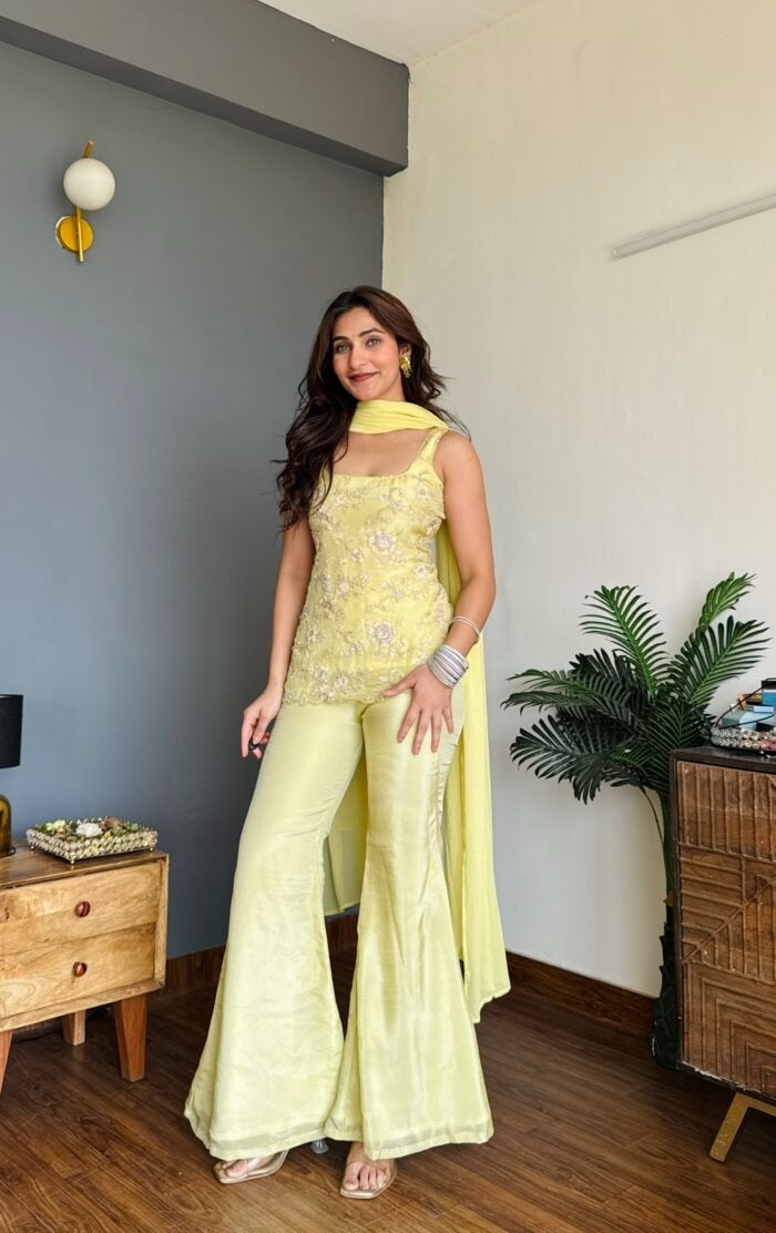 Lemon Yellow Faux Georgette Embroidered Kurti Flared Pant Set