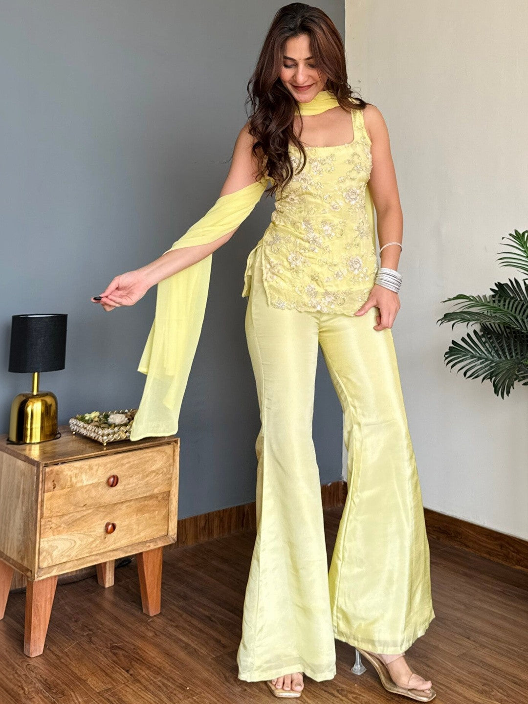Lemon Yellow Faux Georgette Embroidered Kurti Flared Pant Set