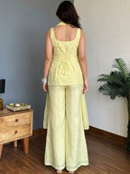 Lemon Yellow Faux Georgette Embroidered Kurti Flared Pant Set
