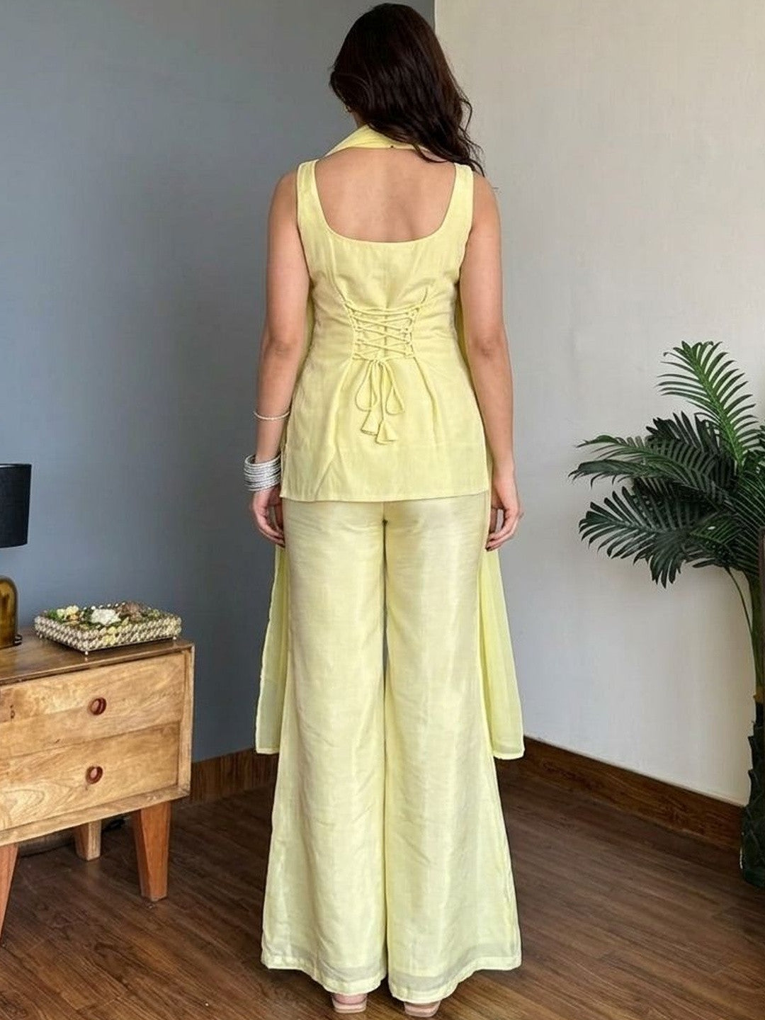 Lemon Yellow Faux Georgette Embroidered Kurti Flared Pant Set