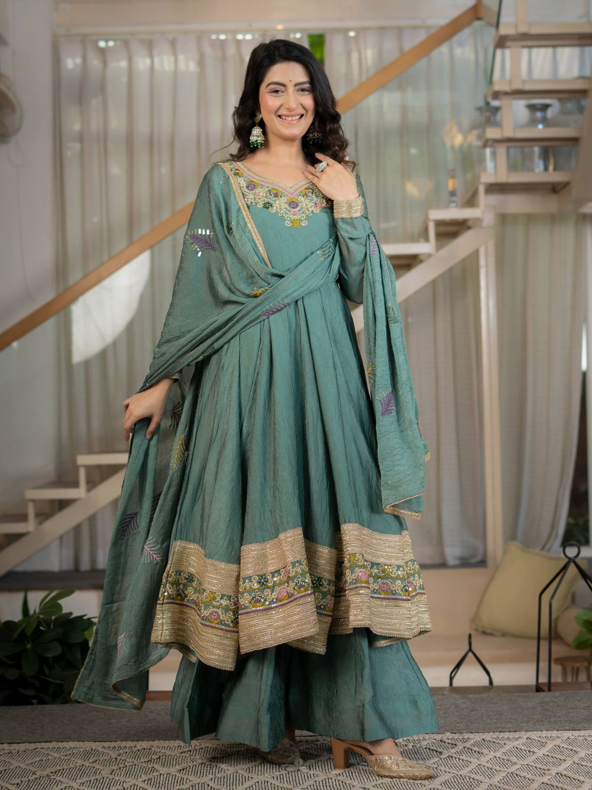 Sage Green Rangoli Crush Embroidered Anarkali Palazzo Set with Dupatta