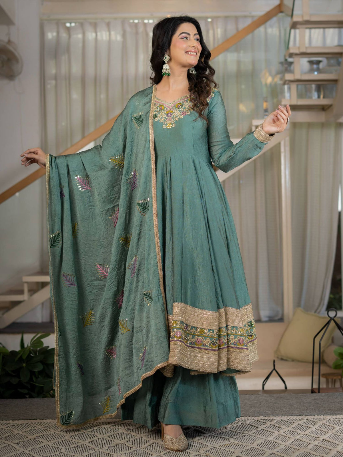 Sage Green Rangoli Crush Embroidered Anarkali Palazzo Set with Dupatta