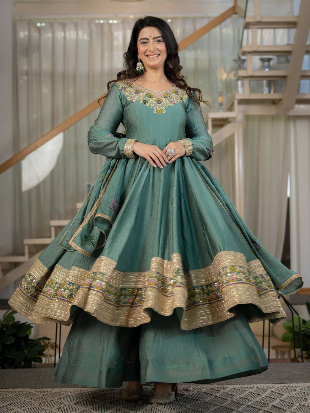 Sage Green Rangoli Crush Embroidered Anarkali Palazzo Set with Dupatta