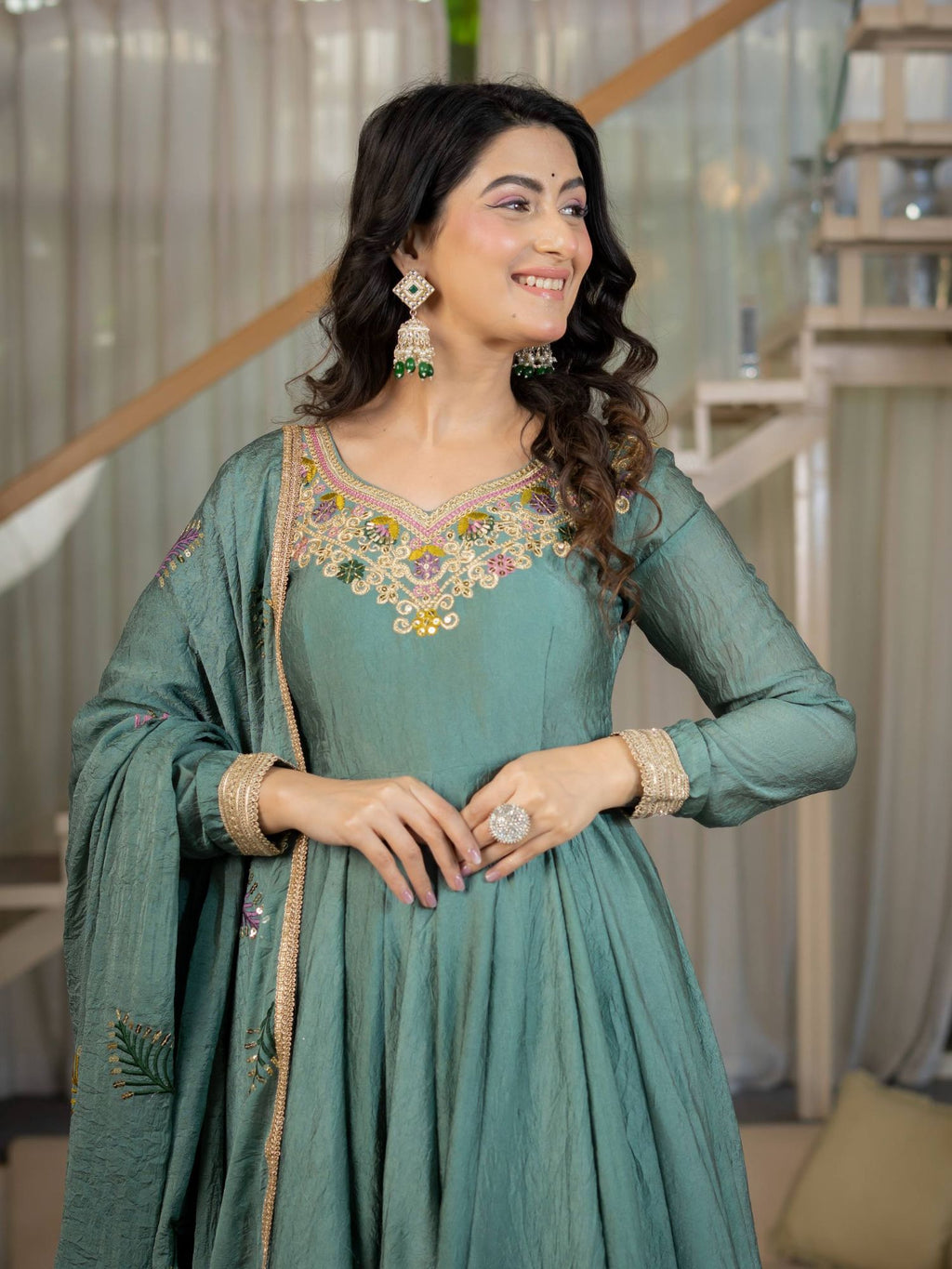 Sage Green Rangoli Crush Embroidered Anarkali Palazzo Set with Dupatta