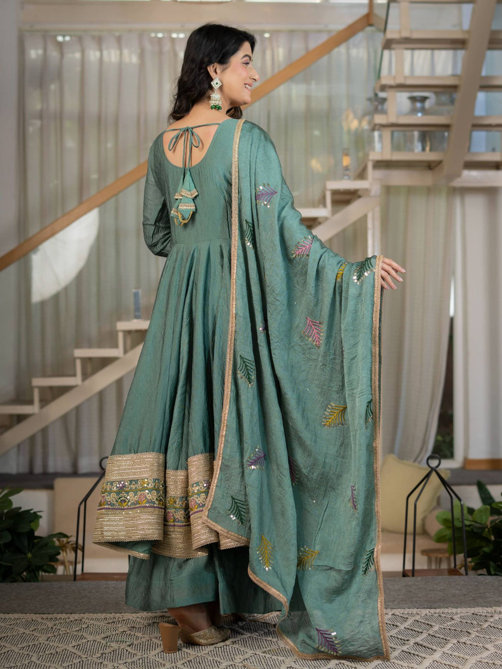 Sage Green Rangoli Crush Embroidered Anarkali Palazzo Set with Dupatta