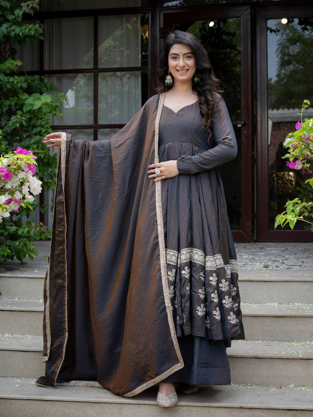Charcoal Grey Vichitra Silk Embroidered Anarkali Palazzo Set with Dupatta