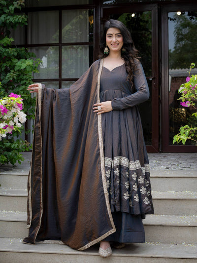 Charcoal Grey Vichitra Silk Embroidered Anarkali Palazzo Set with Dupatta