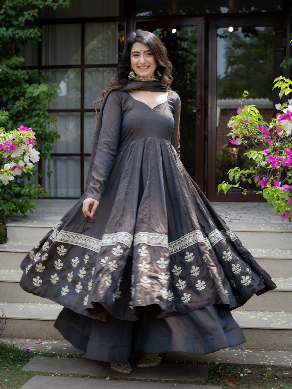 Charcoal Grey Vichitra Silk Embroidered Anarkali Palazzo Set with Dupatta