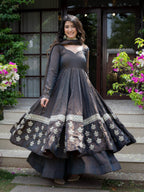 Charcoal Grey Vichitra Silk Embroidered Anarkali Palazzo Set with Dupatta