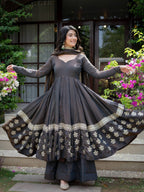 Charcoal Grey Vichitra Silk Embroidered Anarkali Palazzo Set with Dupatta