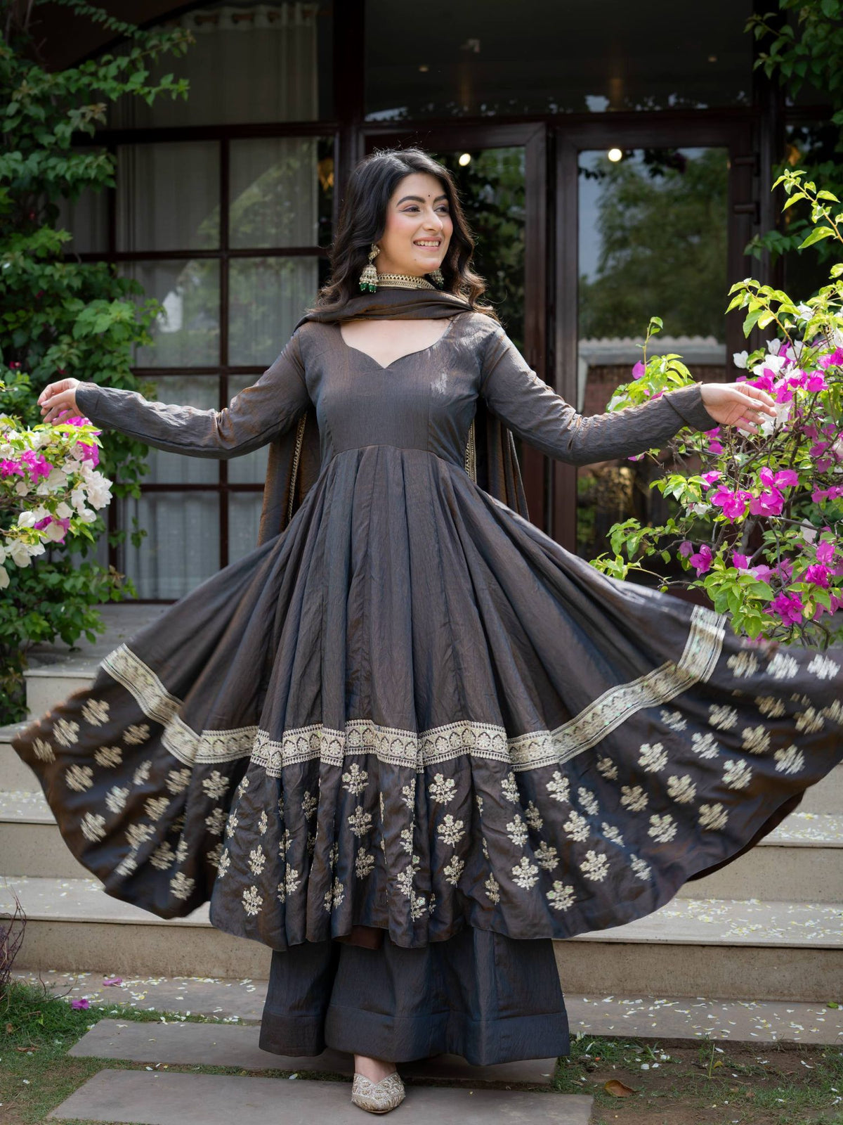 Charcoal Grey Vichitra Silk Embroidered Anarkali Palazzo Set with Dupatta