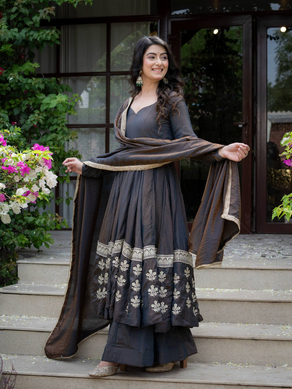 Charcoal Grey Vichitra Silk Embroidered Anarkali Palazzo Set with Dupatta