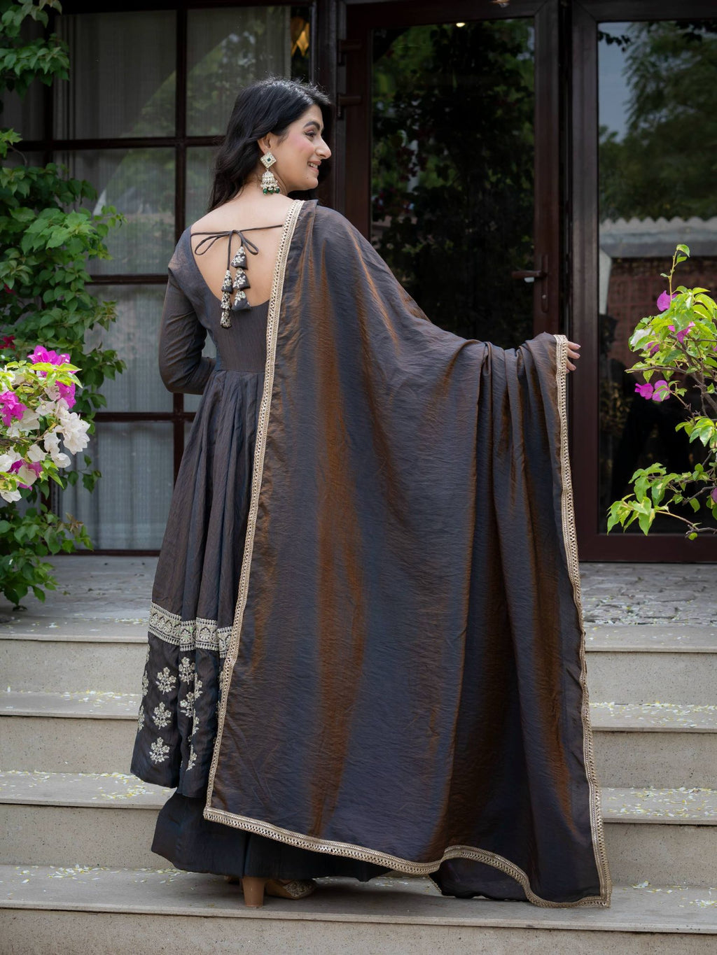 Charcoal Grey Vichitra Silk Embroidered Anarkali Palazzo Set with Dupatta