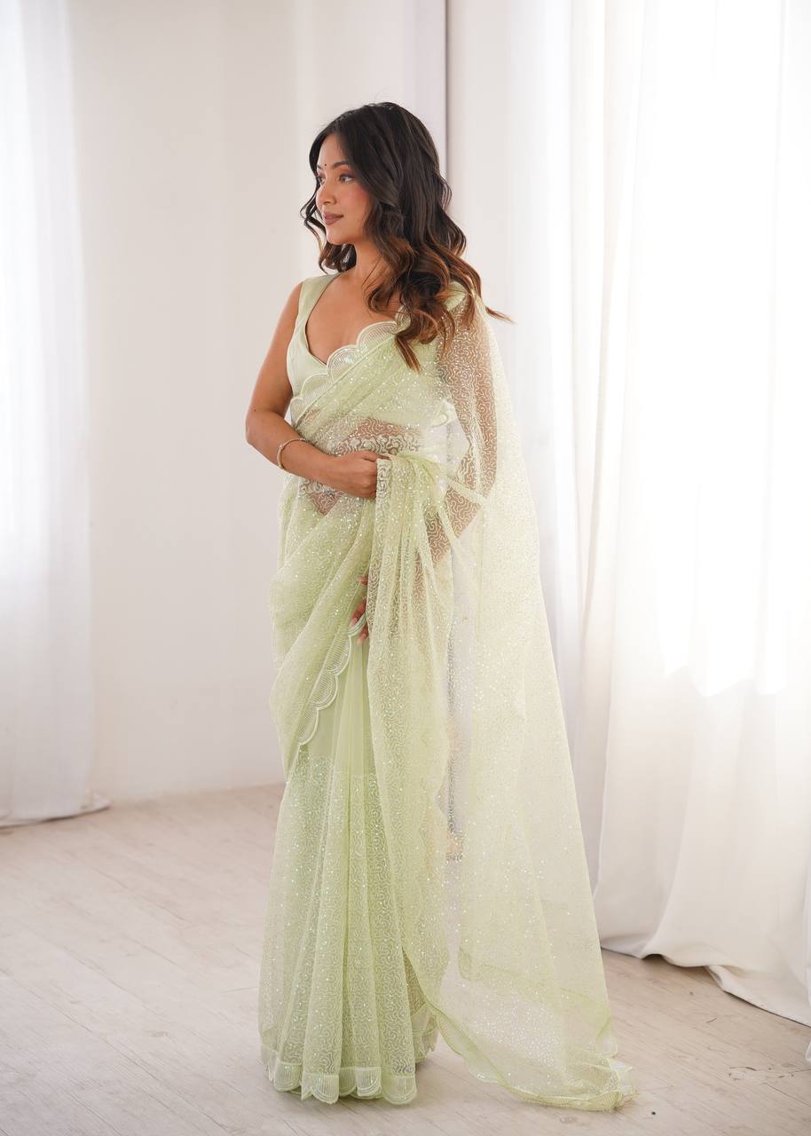 Pista Green Soft Net Sequin Embroidered Saree