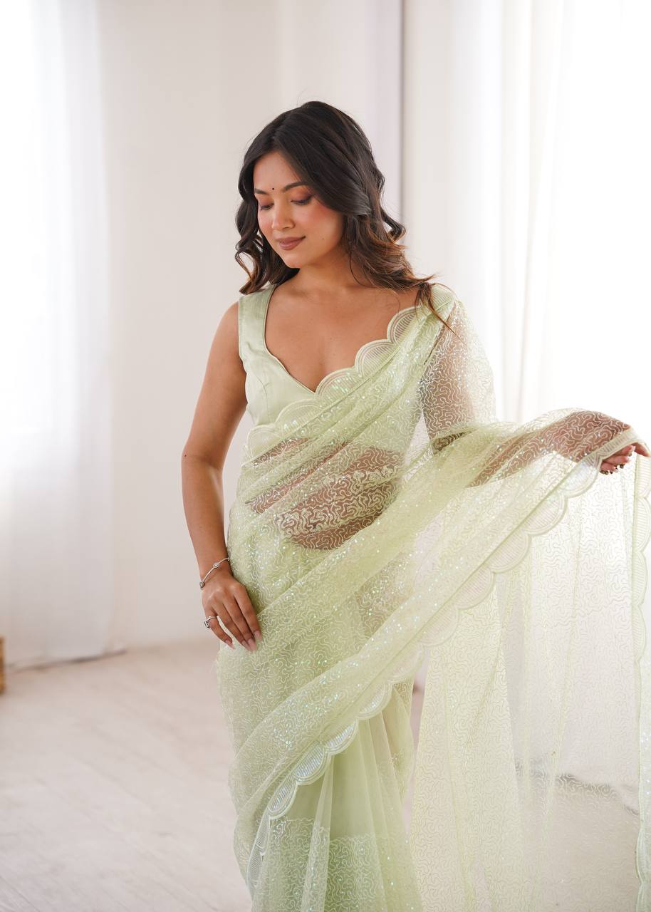 Pista Green Net Saree - sequin work close-up