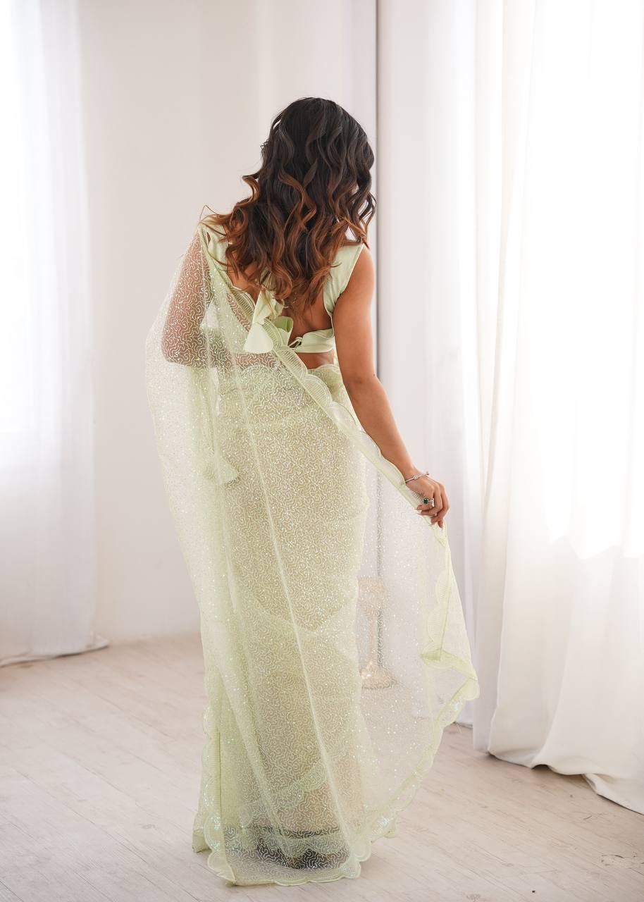 Pista Green Net Saree - back view