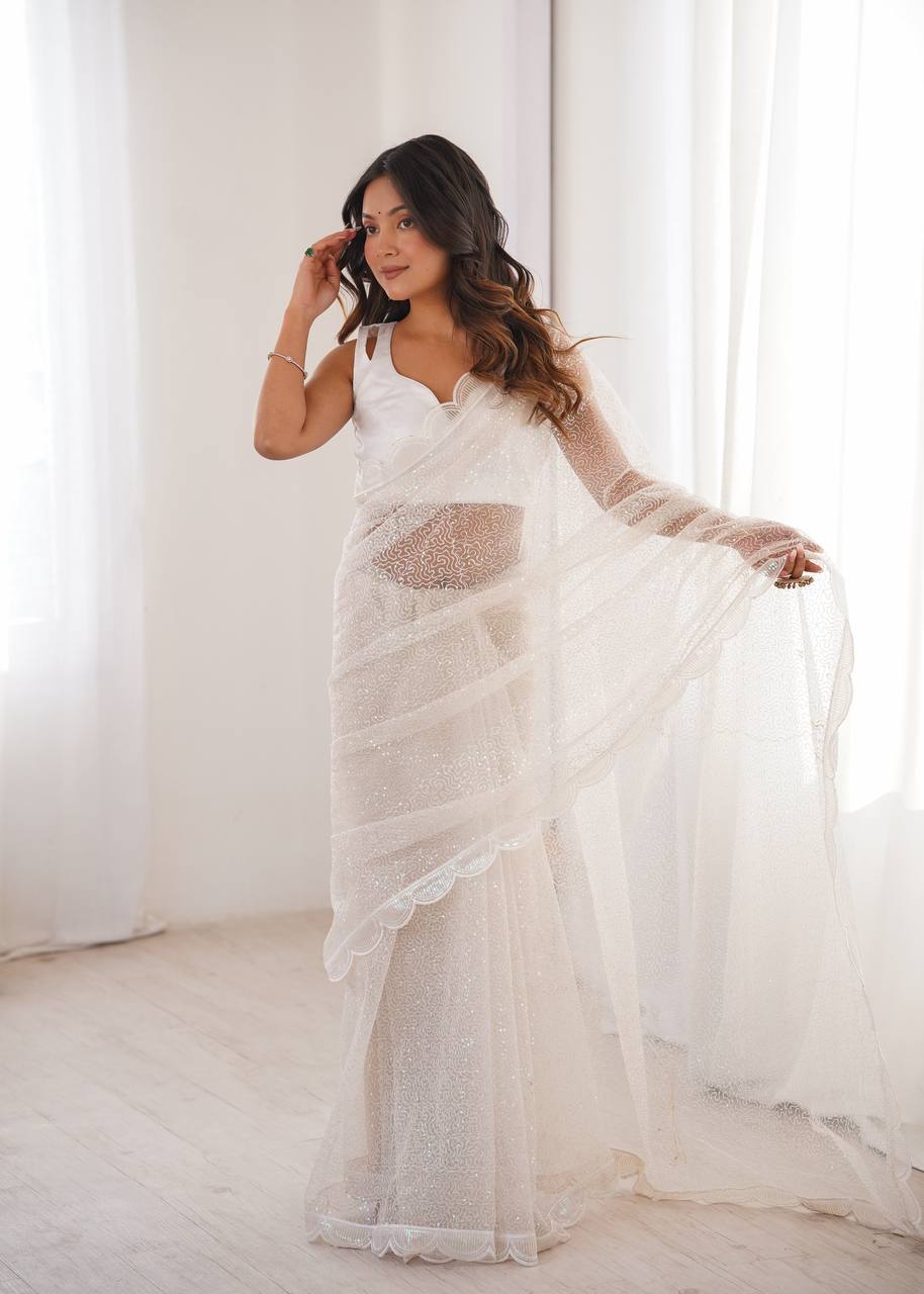 White Soft Net Sequin Embroidered Saree