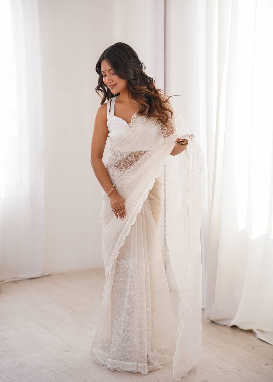 White Net Saree - front view