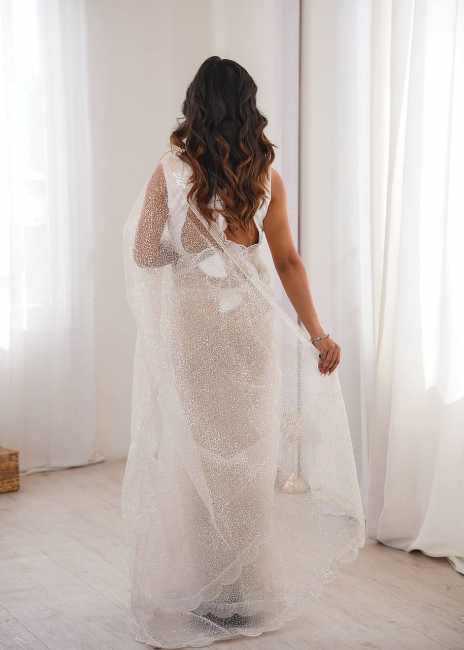 White Net Saree - back view