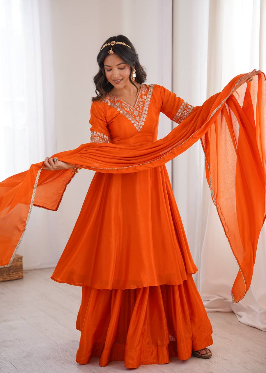 Orange Chinon Silk Embroidered Palazzo Set for Women
