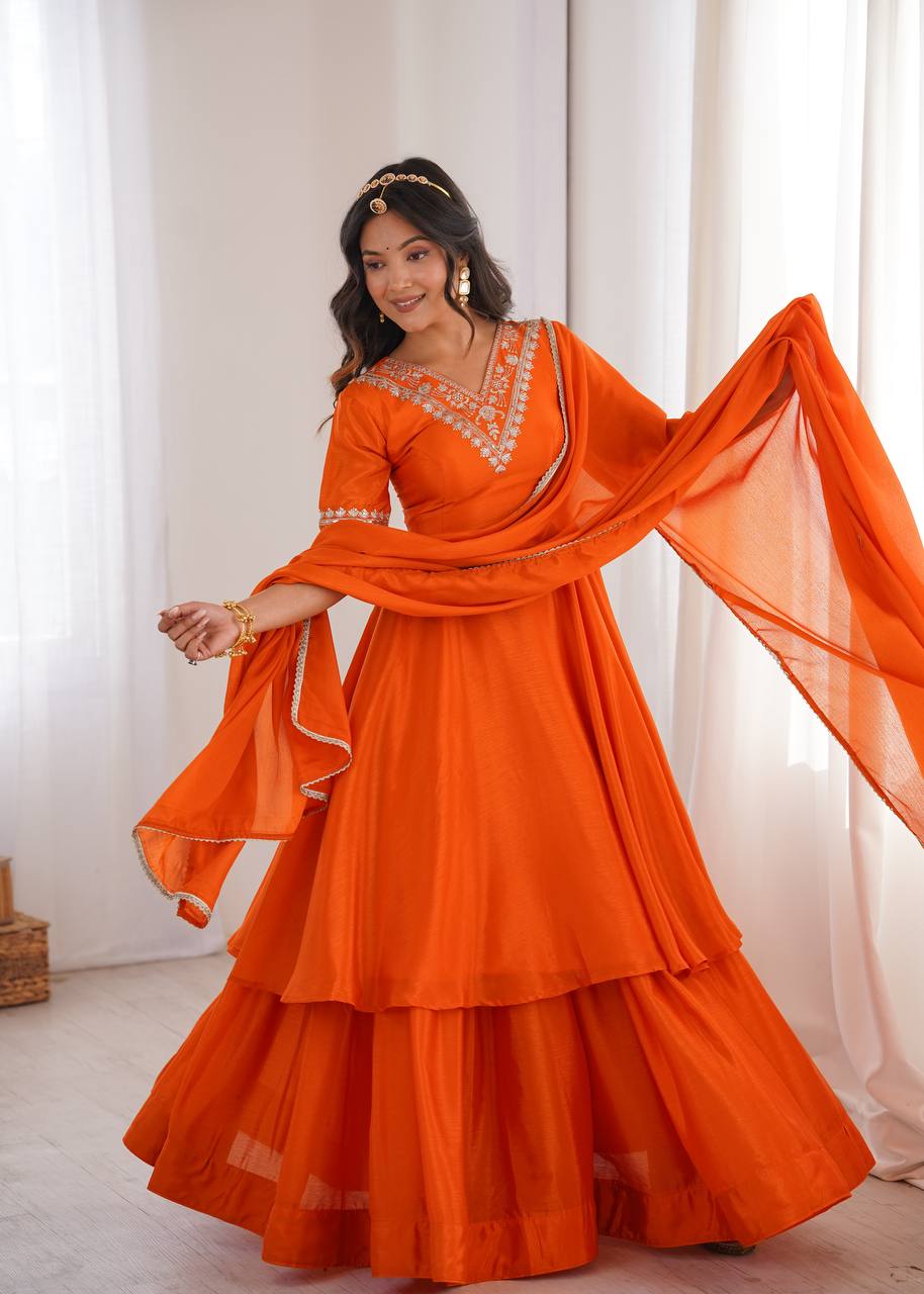 Orange Chinon Silk Embroidered Palazzo Set for Women