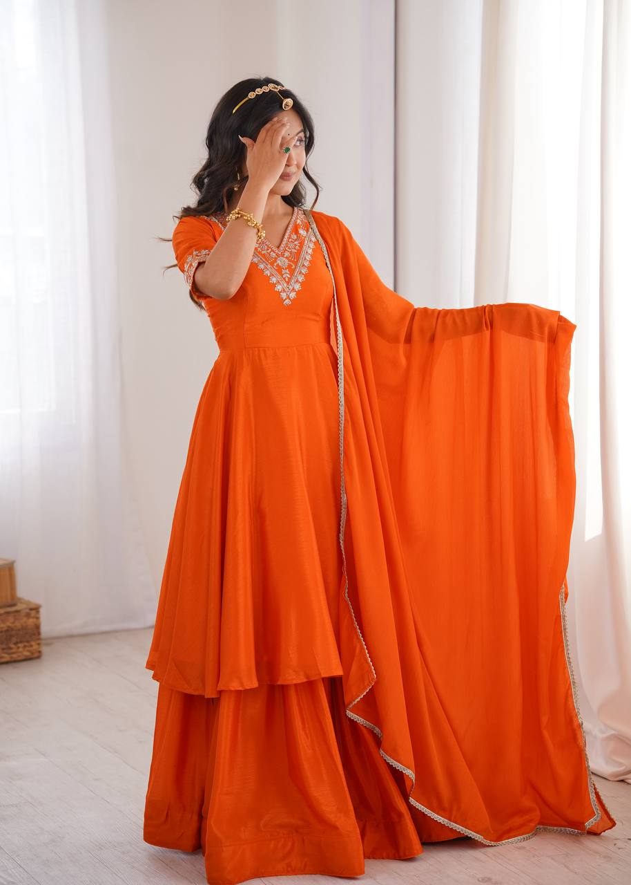 Orange Chinon Silk Embroidered Palazzo Set for Women