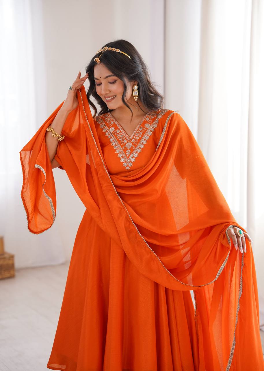 Orange Chinon Silk Embroidered Palazzo Set for Women