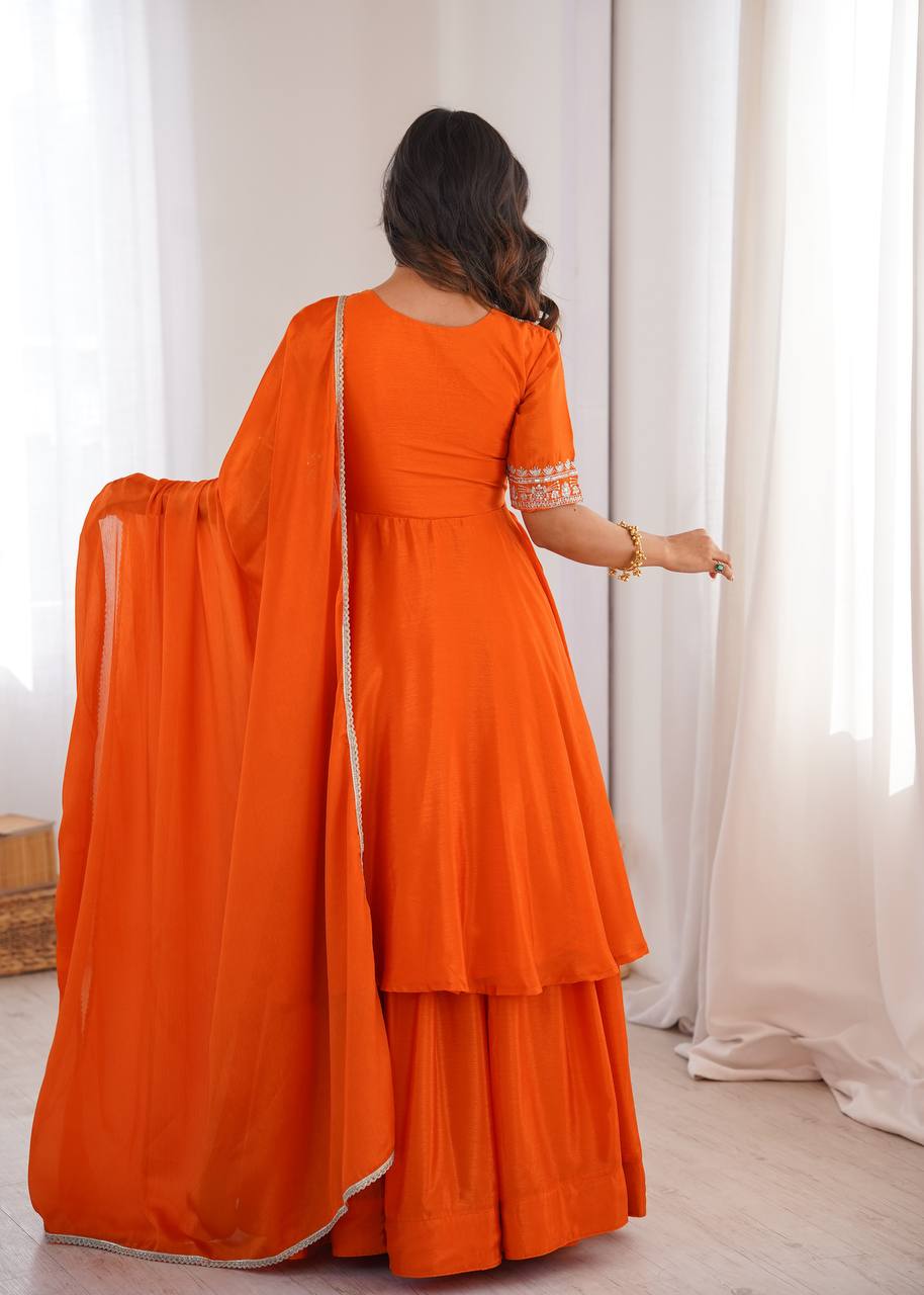 Orange Chinon Silk Embroidered Palazzo Set for Women