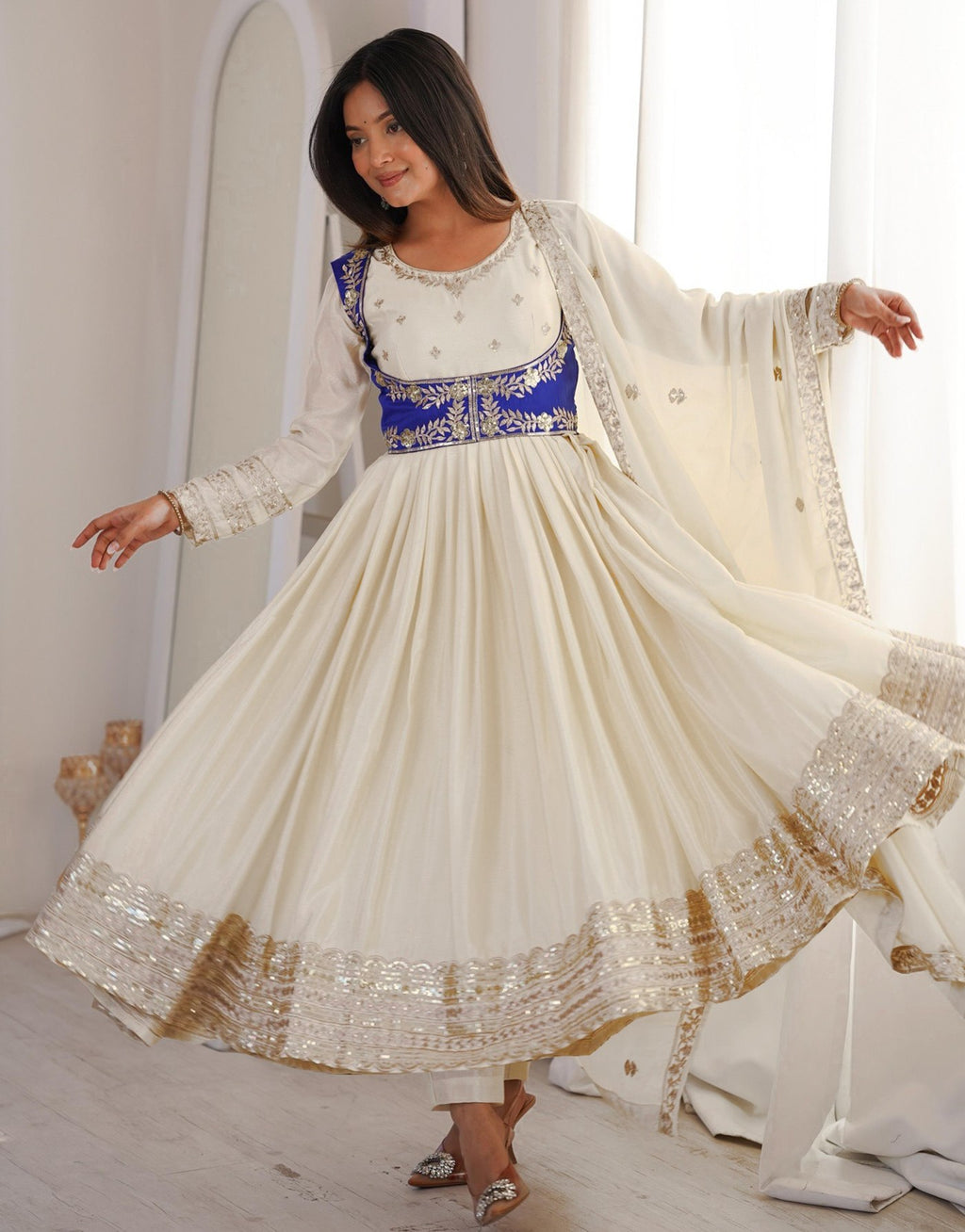 White Chinon Embroidered Anarkali Suit with Dupatta
