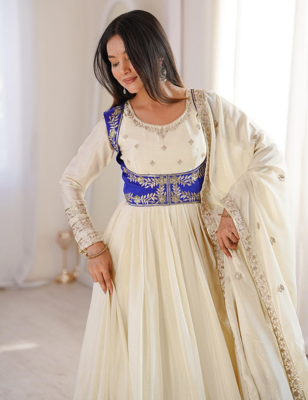 White Chinon Embroidered Anarkali Suit with Dupatta