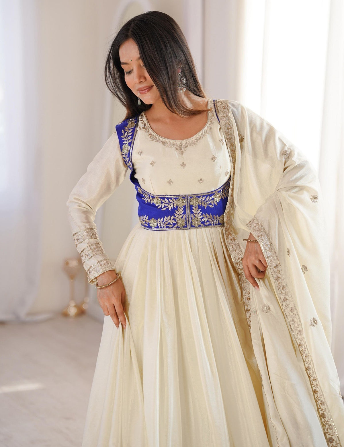 White Chinon Embroidered Anarkali Suit with Dupatta