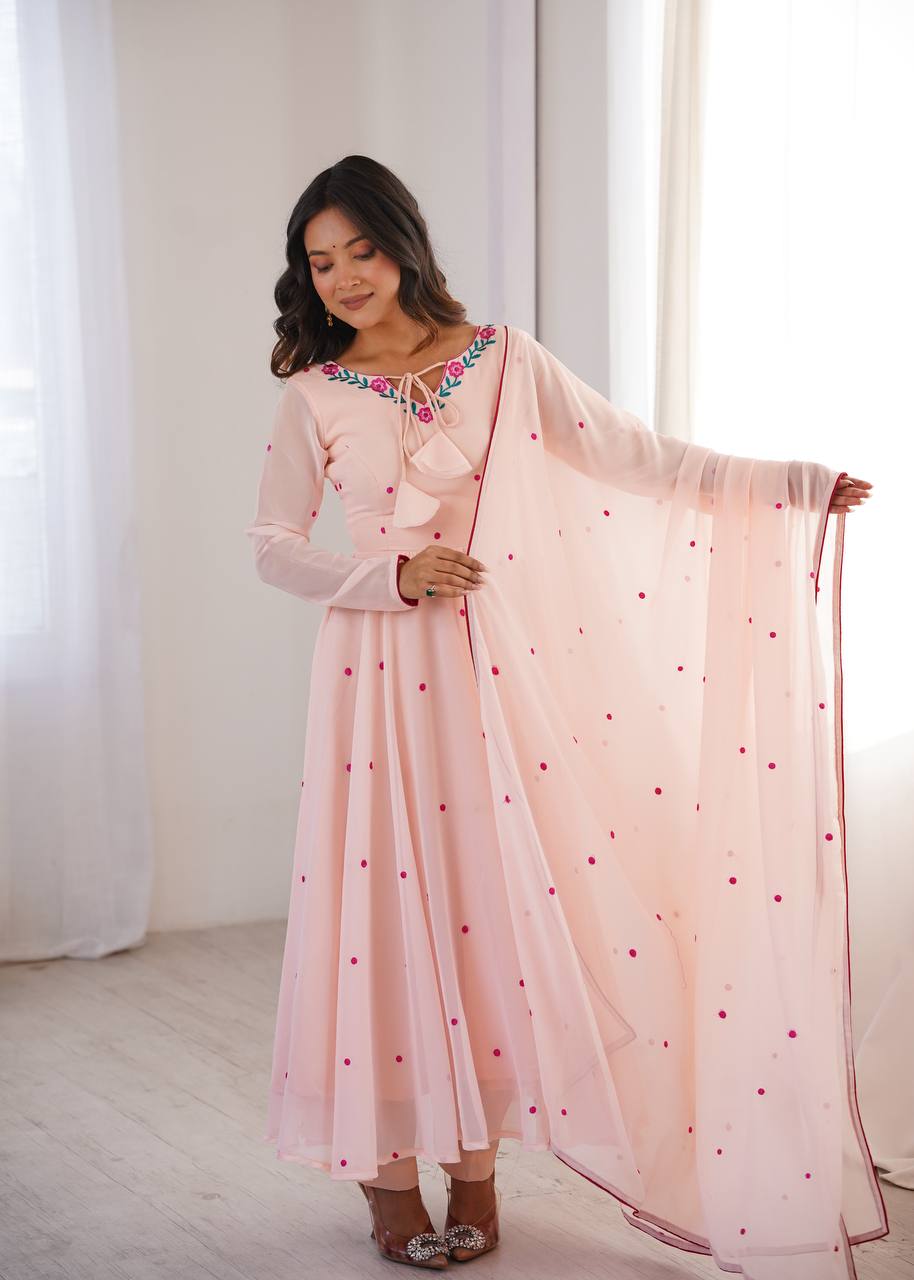 Peach Faux Georgette Embroidered Anarkali Suit for Women