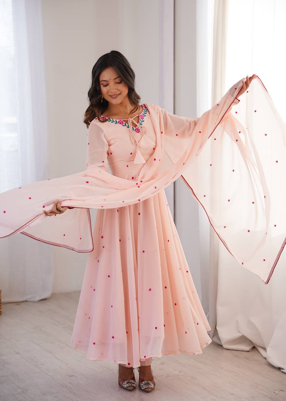 Peach Faux Georgette Embroidered Anarkali Suit for Women