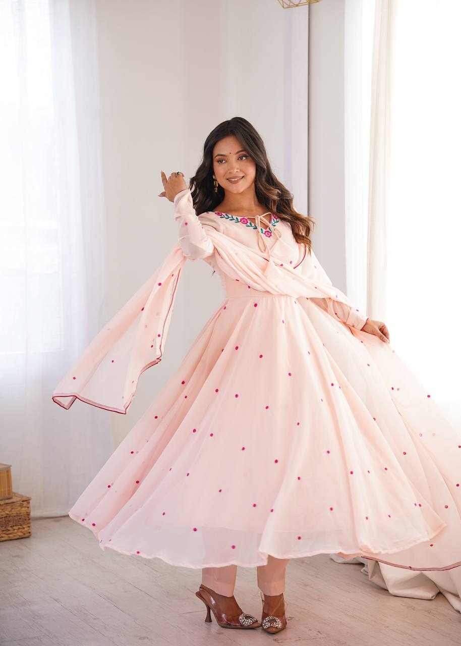 Peach Faux Georgette Embroidered Anarkali Suit for Women