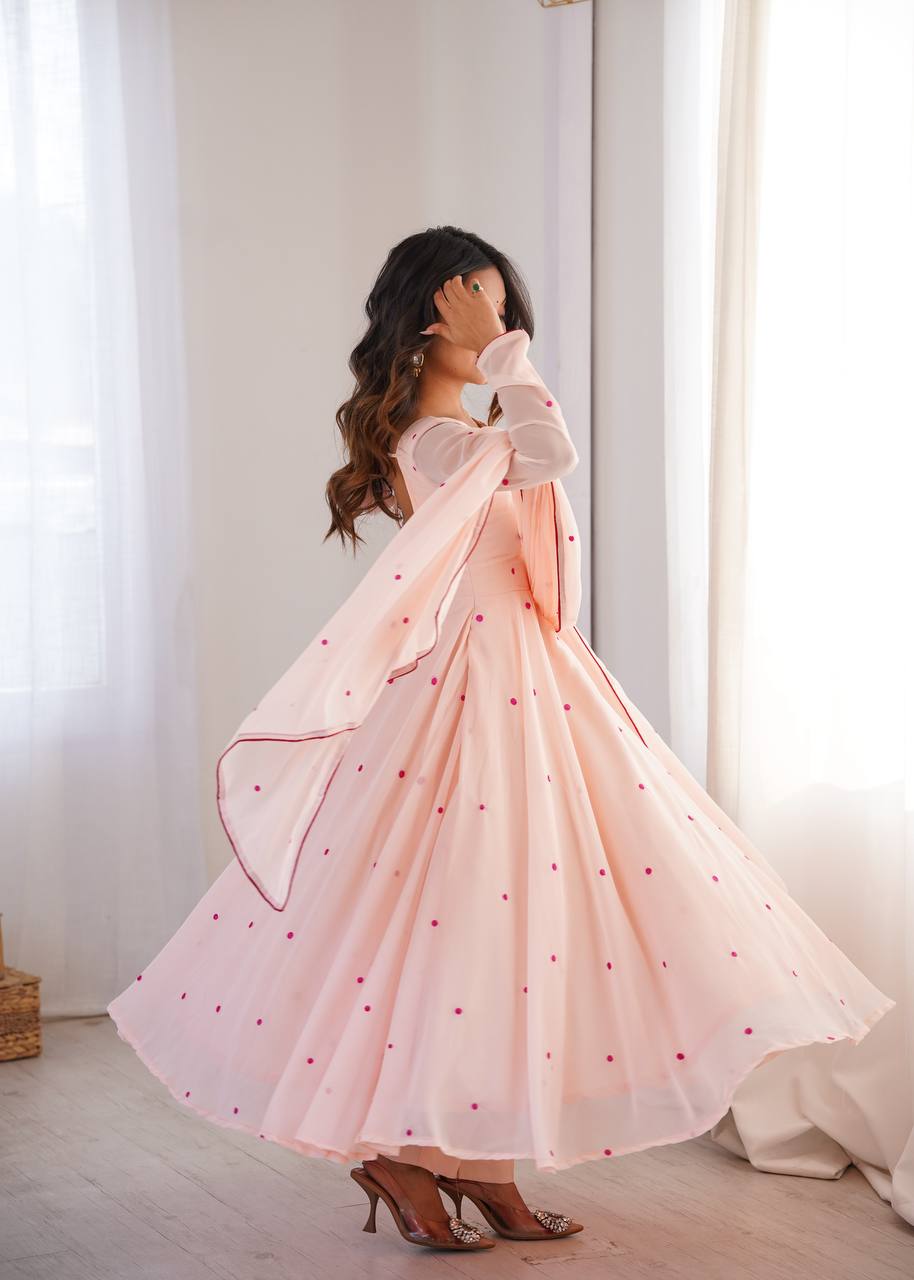 Peach Faux Georgette Embroidered Anarkali Suit for Women
