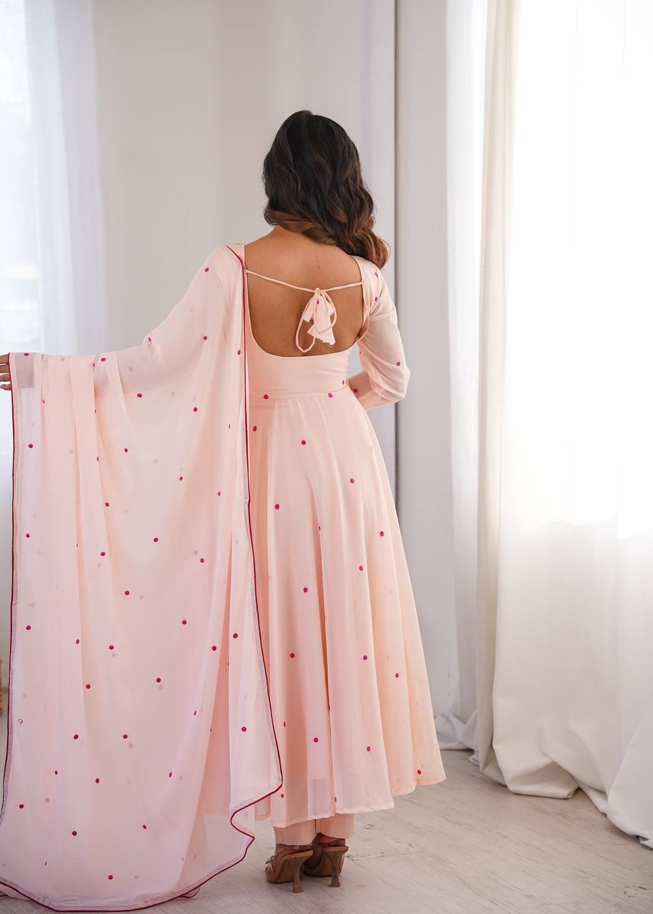 Peach Faux Georgette Embroidered Anarkali Suit for Women
