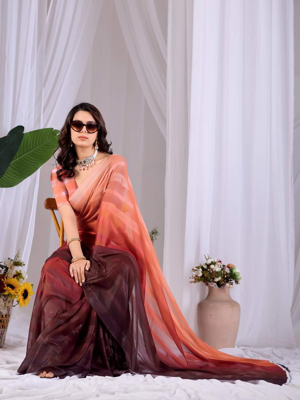 Peach Wine Ombre Monsoon Saree for Women