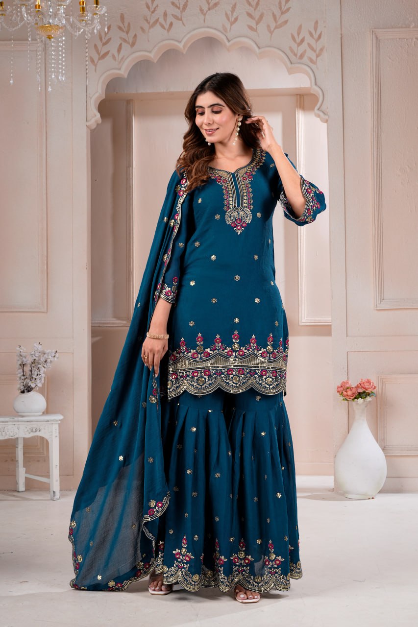 Peacock Blue Rangoli Crush Embroidered Sharara Set for Women