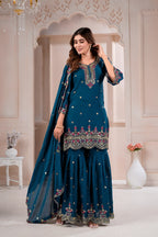 Peacock Blue Rangoli Crush Embroidered Sharara Set for Women