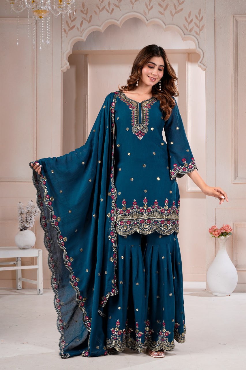 Peacock Blue Rangoli Crush Embroidered Sharara Set for Women