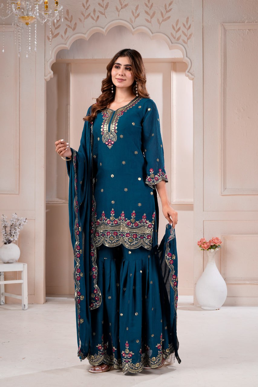 Peacock Blue Rangoli Crush Embroidered Sharara Set for Women