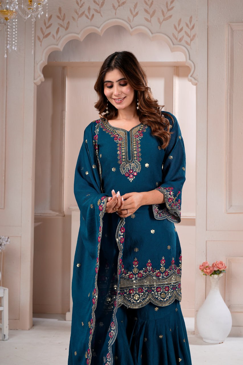 Peacock Blue Rangoli Crush Embroidered Sharara Set for Women