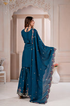 Peacock Blue Rangoli Crush Embroidered Sharara Set for Women